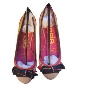 Kensie Girl grosgrain bow tan, navy, red, yellow wedge shoe 7.5m